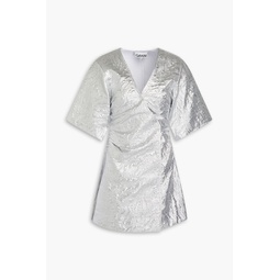 Metallic cloque mini wrap dress