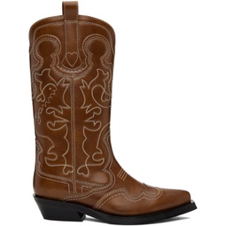 Brown Mid Shaft Embroidered Western Boots 241144F114006