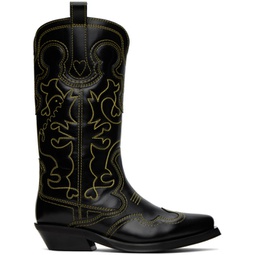 Black Mid Shaft Embroidered Western Boots 241144F114007