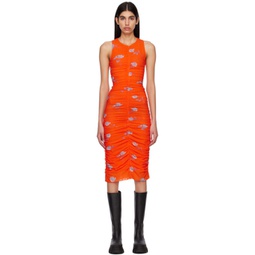 Orange Printed Ruched Midi Dress 231144F054020