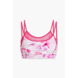 Layered tie-dyed stretch-jersey and mesh sports bra