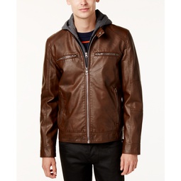 Mens Faux-Leather Detachable-Hood Motorcycle Jacket