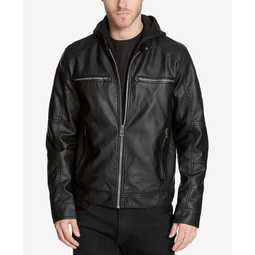 Mens Faux-Leather Detachable-Hood Motorcycle Jacket