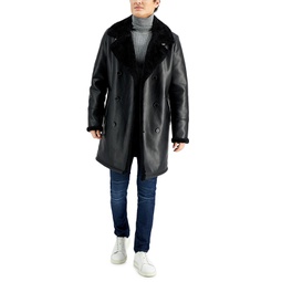 Mens Long Pleather Double Breasted Coat with Faux Shearling Cuff and Collar