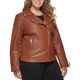 Womens Plus Size Faux-Leather Asymmetric Moto Coat