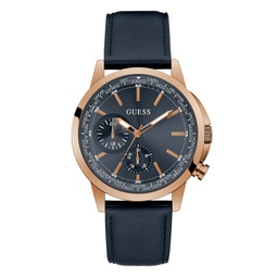 Mens Rose Gold-Tone Navy Genuine Leather Multi-Function Strap Watch 44mm