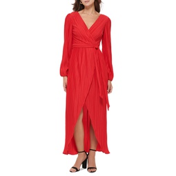 Womens Pleated Woven Faux-Wrap V-Neck Maxi Dress