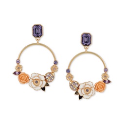 Gold-Tone Mixed Color Stone Flower Front-Facing Drop Hoop Earrings
