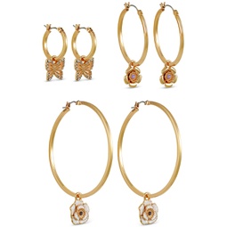 Gold-Tone 3-Pc. Set Mixed Color Stone Flower & Butterfly Charm Hoop Earrings