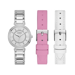 Womens Analog Silver-Tone Stainless Steel Watch with Pink White Suede and Leather Strap Gift Set 36mm