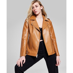 Womens Oversized Faux-Leather Moto Jacket