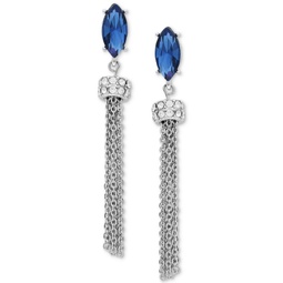 Silver-Tone Blue Stone Chain Fringe Linear Earrings