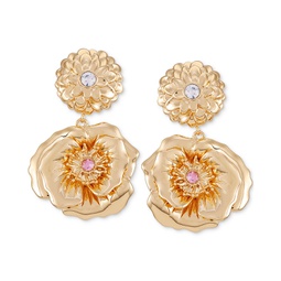 Gold-Tone Pave Flower Double Drop Earrings