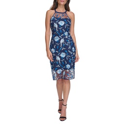 Womens Embroidered-Floral Mesh Sheath Dress