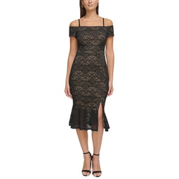 Womens Lace Off-The-Shoulder Midi Dress