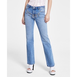 Womens Embellished-Chain Straight-Leg Denim Jeans