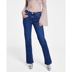 Womens Whiskered Faded-Front Bootcut Denim Jeans
