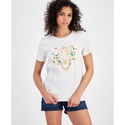 Womens Embroidered Tiger Daisy Short-Sleeve T-Shirt