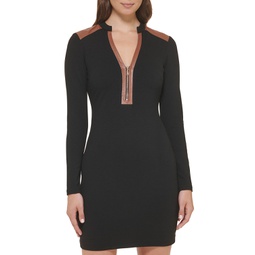 Womens Ponte-Knit Zip-Front Faux-Leather-Trim Dress