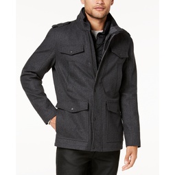 Mens Military-Inspired Coat with Plaid Detail