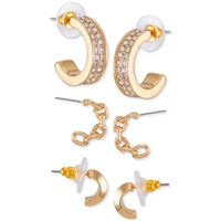 Gold-Tone 3-Pc. Set Pave & Chain Hoop Earrings