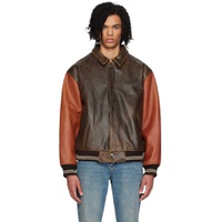 Brown   Orange Varsity Leather Bomber Jacket 241603M175000
