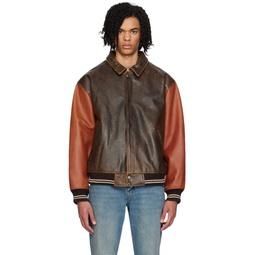 Brown   Orange Varsity Leather Bomber Jacket 241603M175000