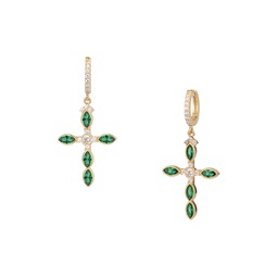 Love In Bloom 14K Goldplated Sterling Silver, Emerald & Pave Crystal Cross Huggies Earrings