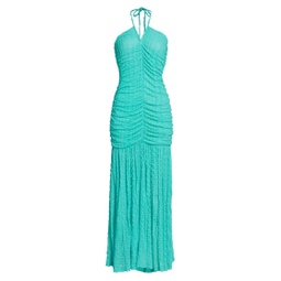 Ruched Stretch Lace Halter Maxi Dress