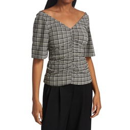 Ruched Gingham Check Blouse