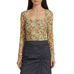 Ruched Floral Mesh Long Sleeve Top