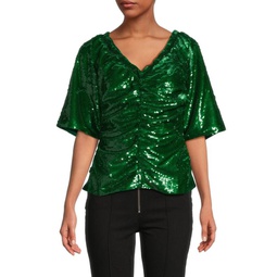 Ruched Sequin Short Sleeve Top