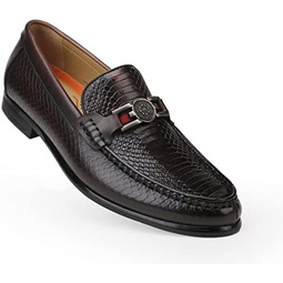 Black Mens Leather Dress Shoes, Premium Crocodile Print Moc-Toe Slip-on Loafer with Metal Buckle Penny Shoes for Mens
