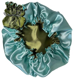 Large Moss Green/Aqua Reversible Satin Bonnet