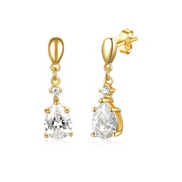 14k gold plated with diamond cubic zirconia raindrop 2-stone dangle earrings in sterling silver