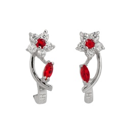 sterling silver ruby cubic zirconia flower huggie earrings