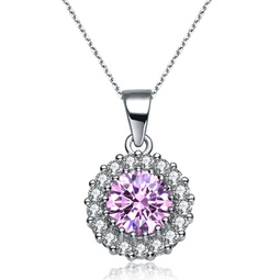 white gold plated with fancy pink & white diamond cubic zirconia halo cluster pendant necklace