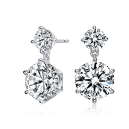 sterling silver with rhodium plated clear round cubic zirconia two stone drop earrings