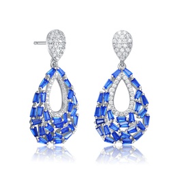 ga sterling silver with rhodium plated blue color baguette and round cubic zirconia pear shape drop earrings