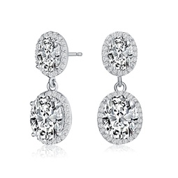 sterling silver with rhodium plated two clear oval with round cubic zirconia halo drop earrings