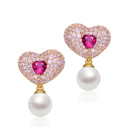 ga sterling silver 14k gold plated ruby cubic zirconia and pearl heart drop butterfly earrings