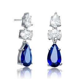 sterling silver rhodium plated with blue pear and clear oval cubic zirconia drop earrings
