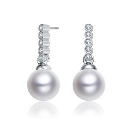sterling silver with rhodium plated white round freshwater pearl with clear round cubic zirconia drop earrings