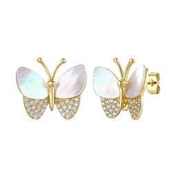 ga sterling silver large 14k gold plated sterling silver with mother of pearl & diamond cubic zirconia butterfly stud earrings