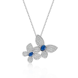 sterling silver white gold plated blue sapphire & diamond cubic zirconia double fluttering butterfly pendant necklace