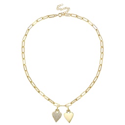 14k gold plated sterlig silver with diamond cubic zirconia double heart cable chain necklace