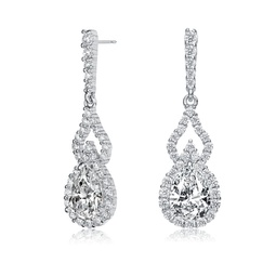 sterling silver with rhodium plated clear pear and round cubic zirconia halo with open pear drop earrings