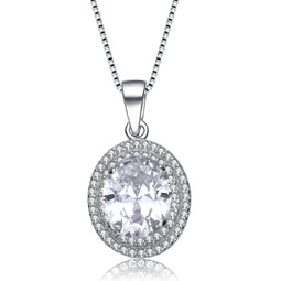 sterling silver oval cubic zirconia solitaire with double halo necklace