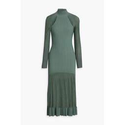 Mesh-paneled ribbed-knit turtleneck midi dress