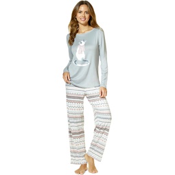 Womens HUE Feline Fair Isle Brushed Loose Knit Pajama Set